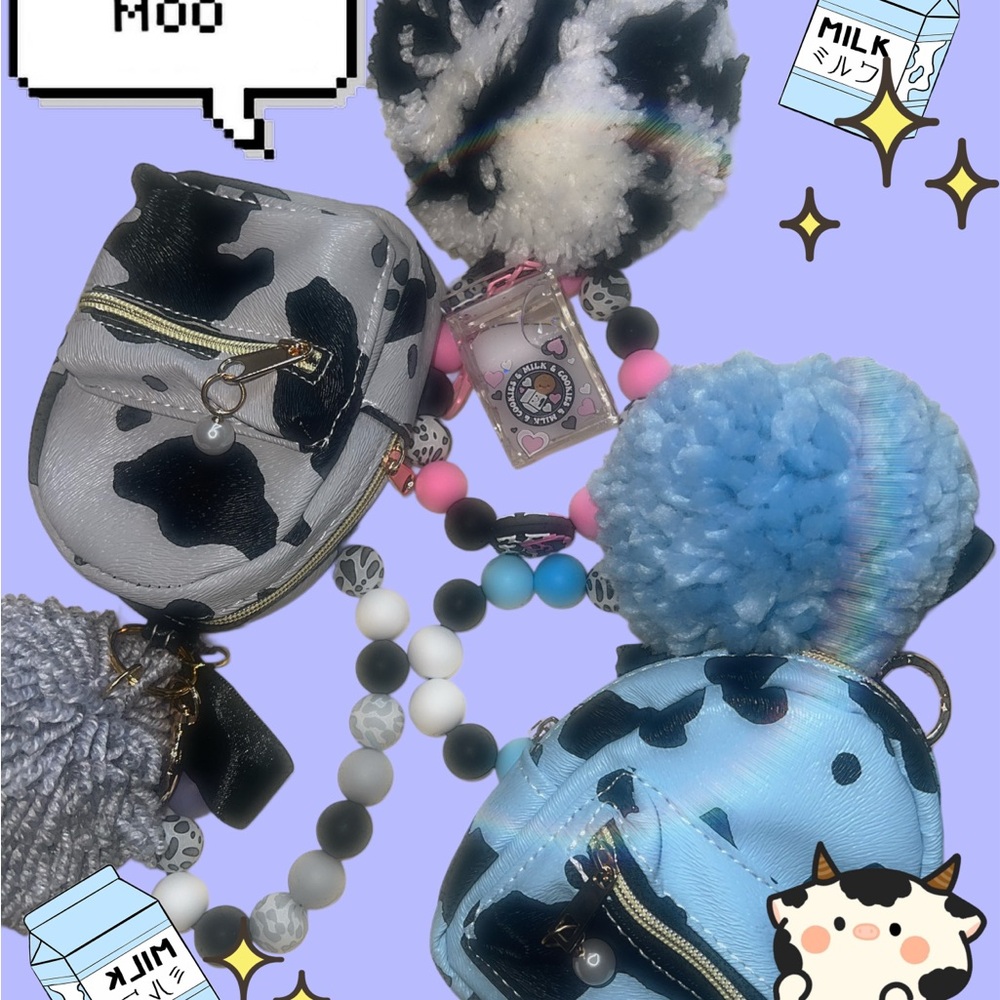 Cow Print Mini Backpack Keychains with Pom Pom